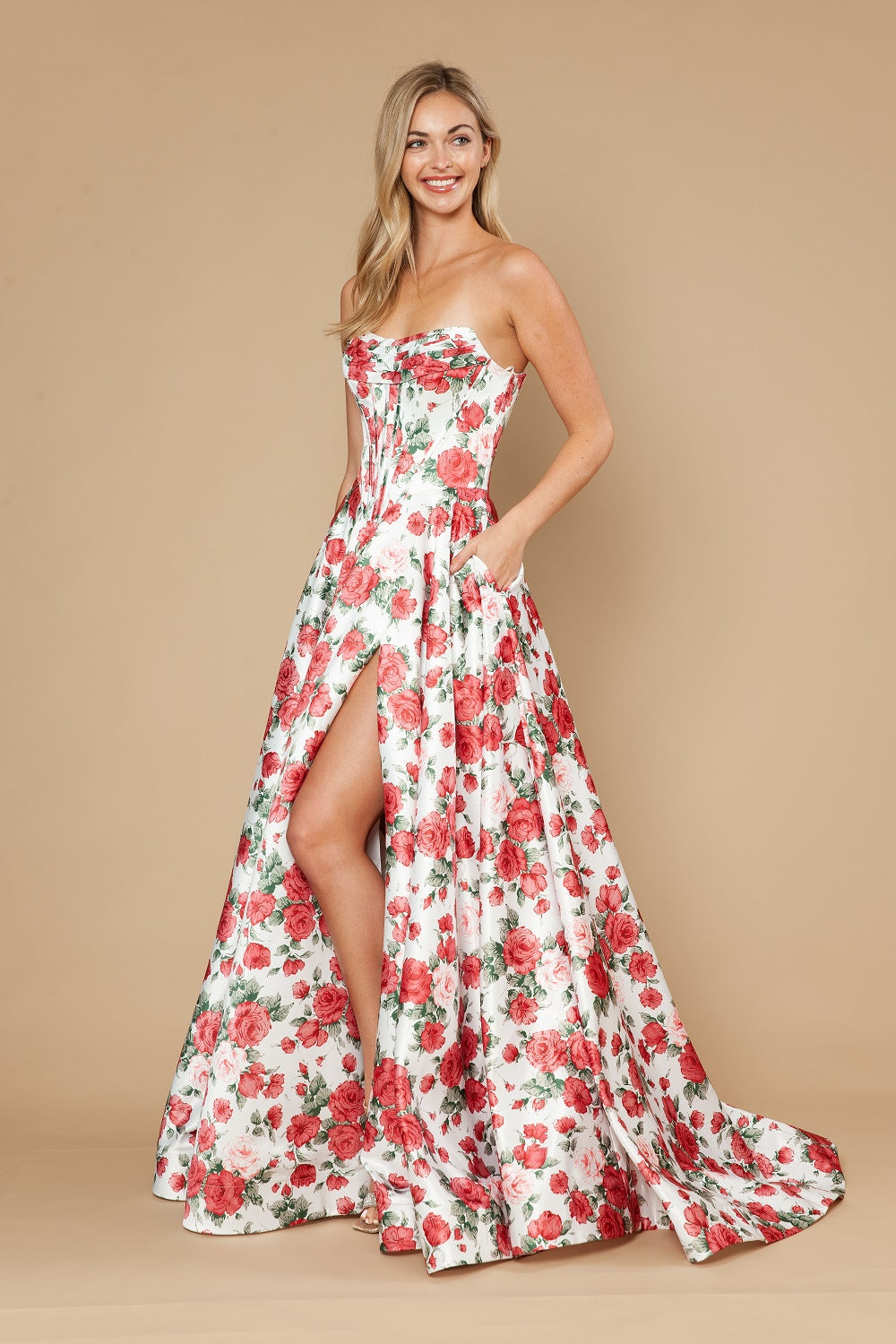 Strapless Straight Neck Floor-Length Satin Prom A-Line Poly USA 25186