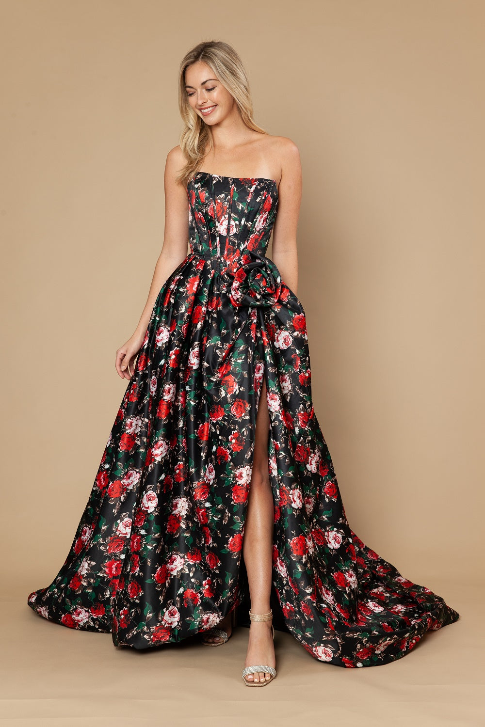 Strapless Straight Neck Floor-Length with Train Satin Prom Ball Gown Poly USA 25188