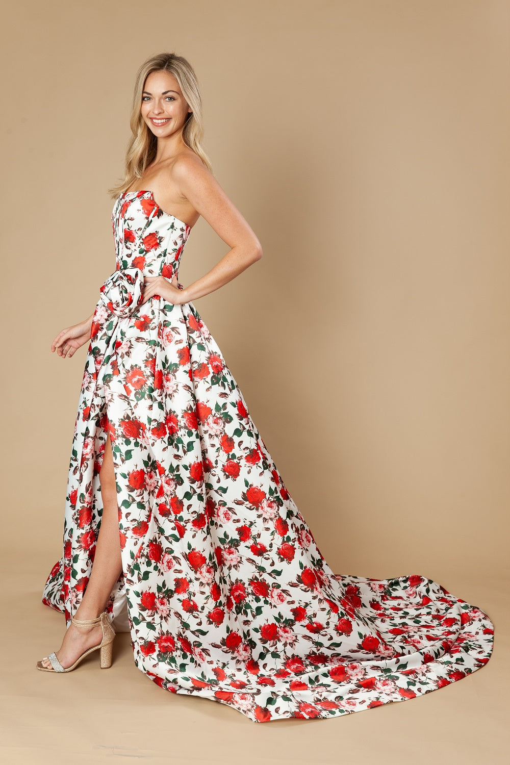 Strapless Straight Neck Floor-Length with Train Satin Prom Ball Gown Poly USA 25188