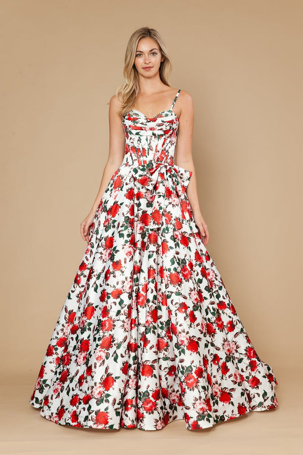 Sweetheart Floor-Length Floral Satin Prom Gown Bow Waist Poly USA 25190