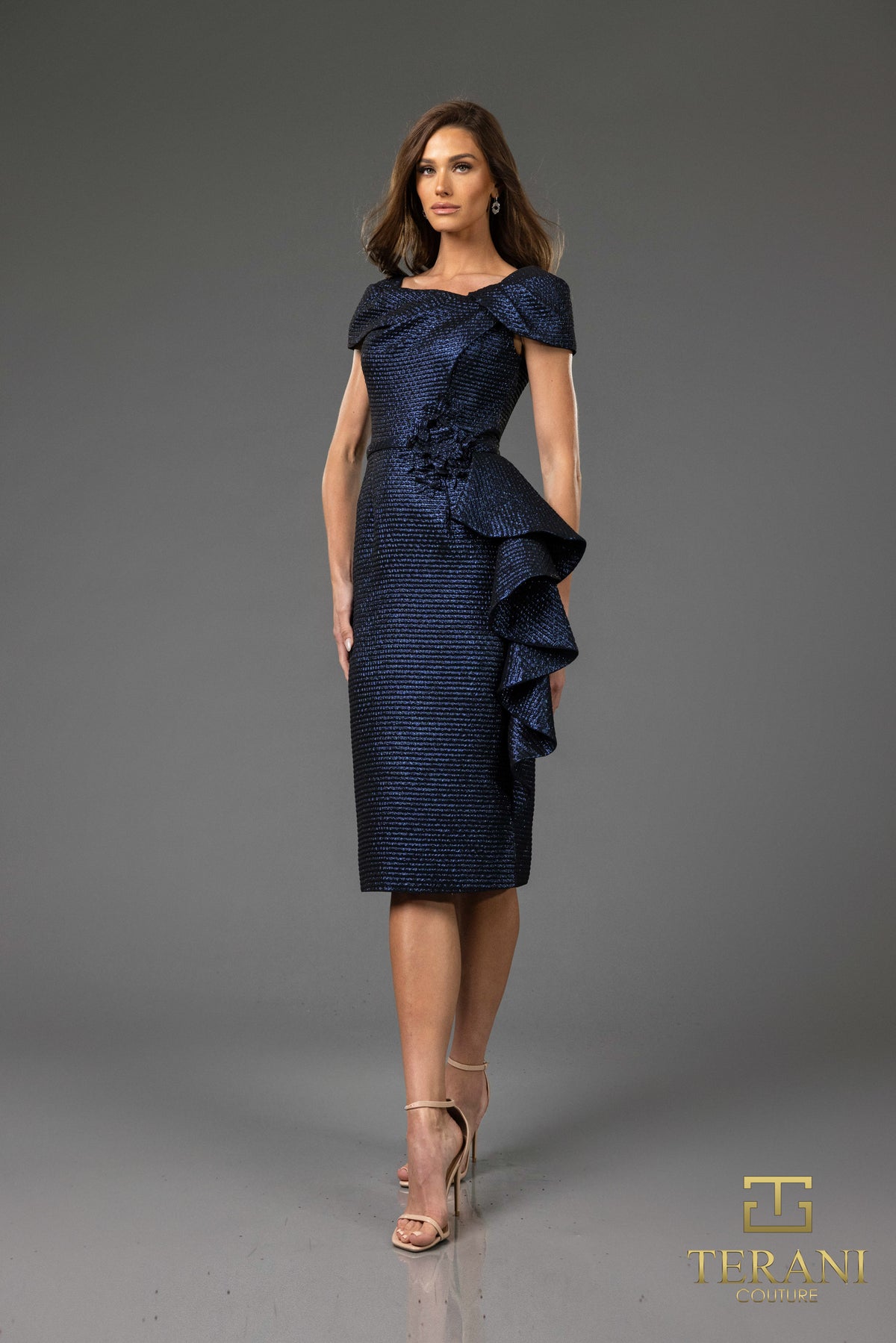 Cocktail Dresses Metallic Fitted Formal Knee Length Cocktail Dress Navy