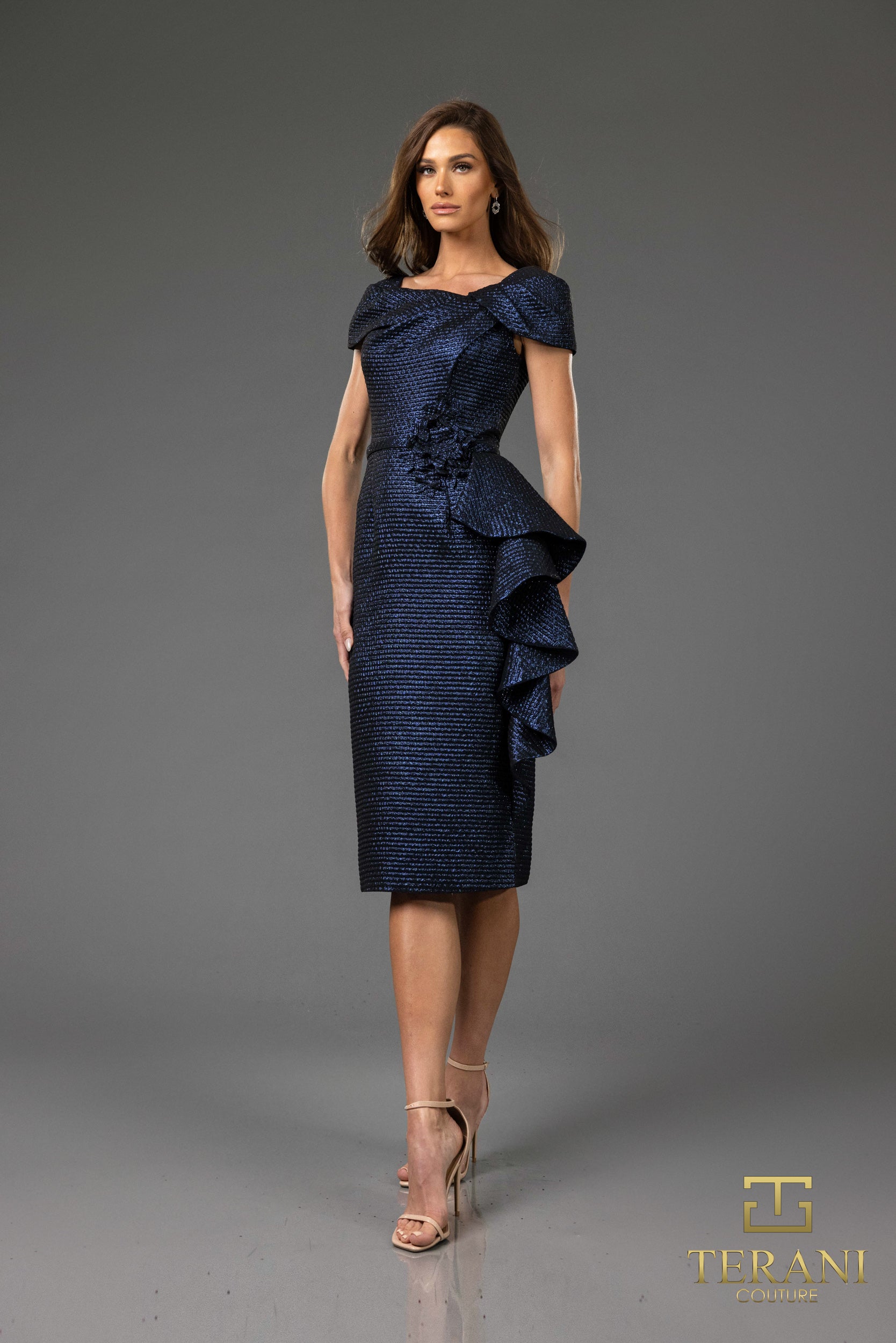 Cocktail Dresses Metallic Fitted Formal Knee Length Cocktail Dress Navy