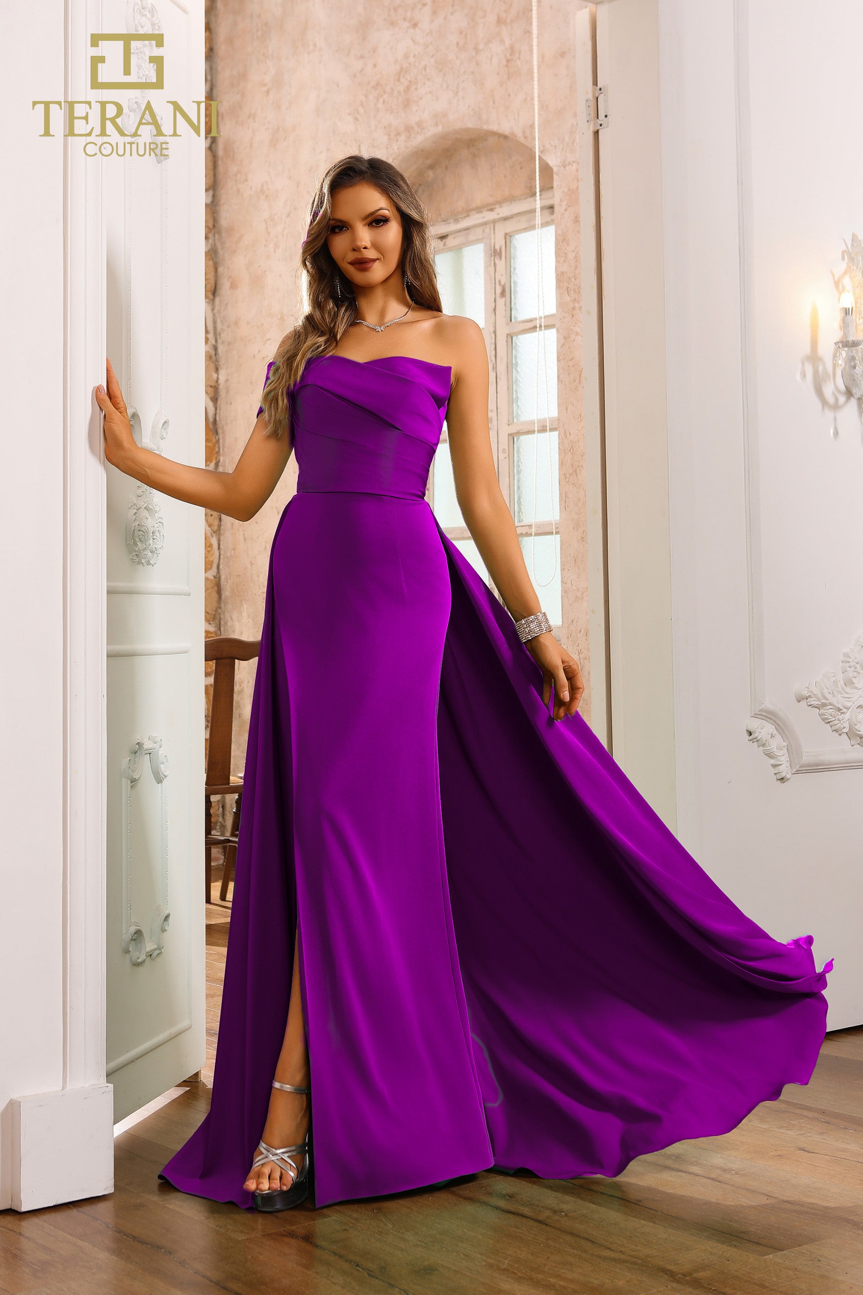 Formal Dresses Long Formal Pleated Overskirt Evening Dress Magenta