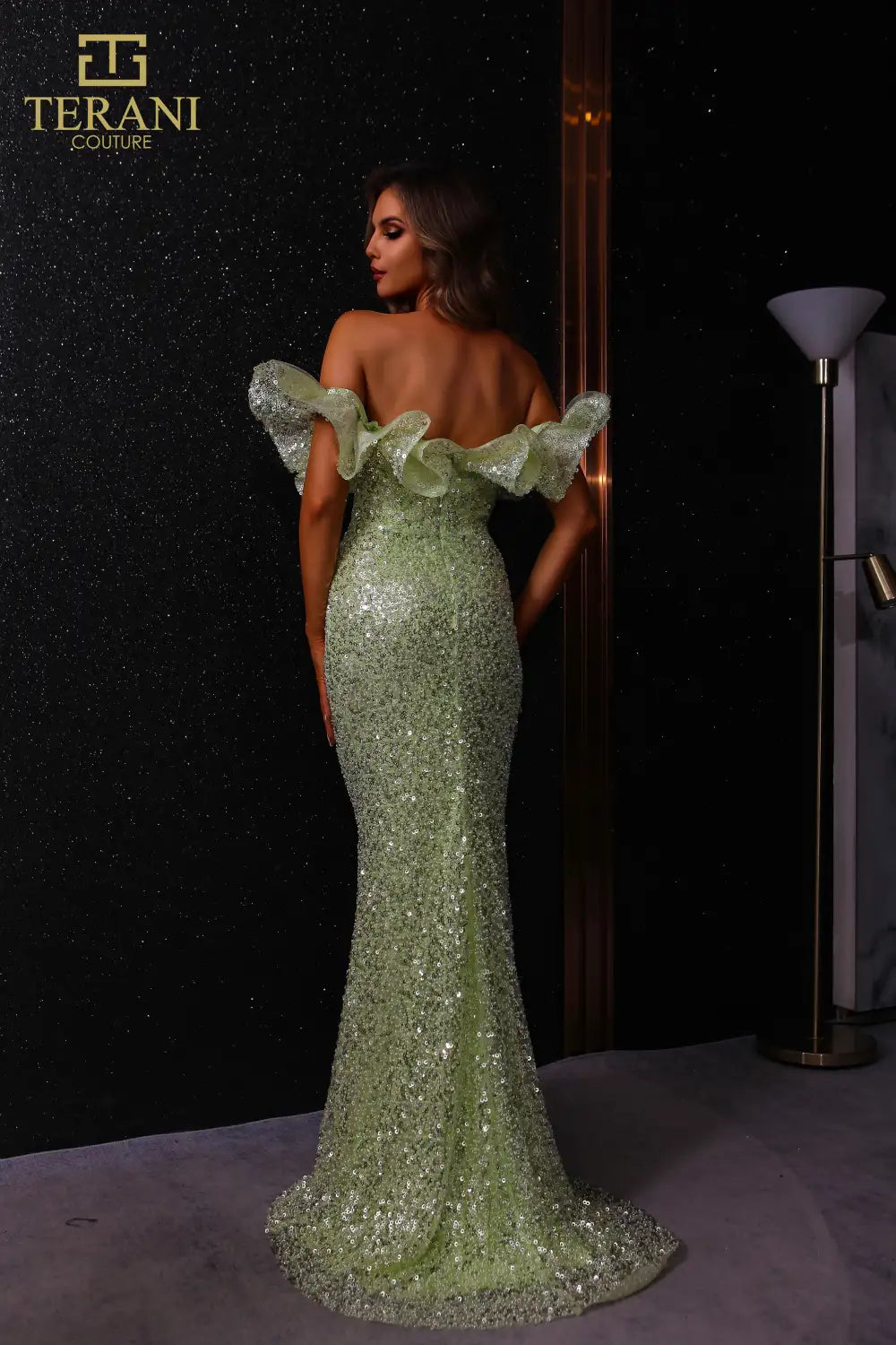 Terani Couture 251E4330 Long Formal Fitted Sequin Ruffled Evening Gown