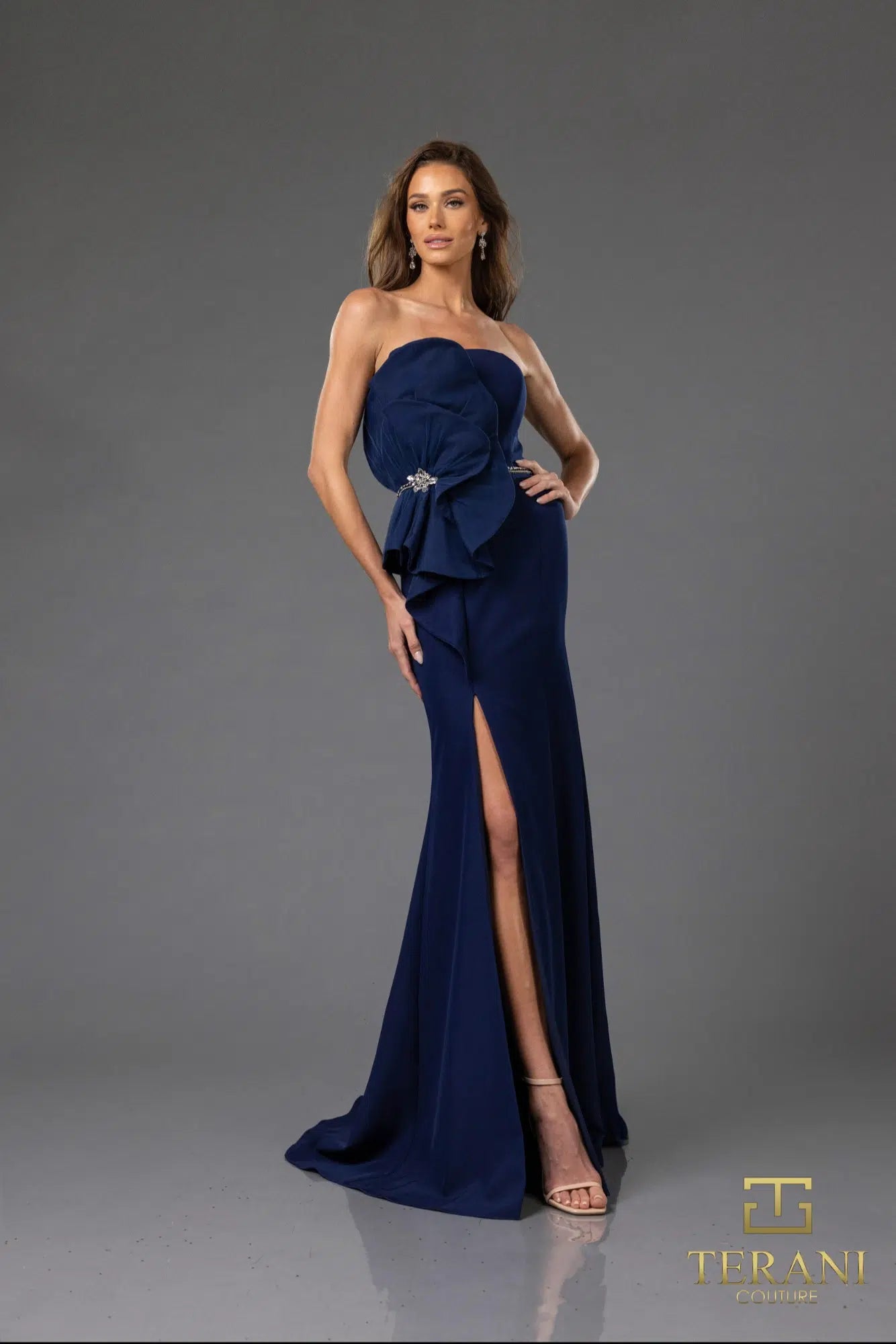 Terani Couture 251E4631 Long Ruffle Slit Formal Evening Dress