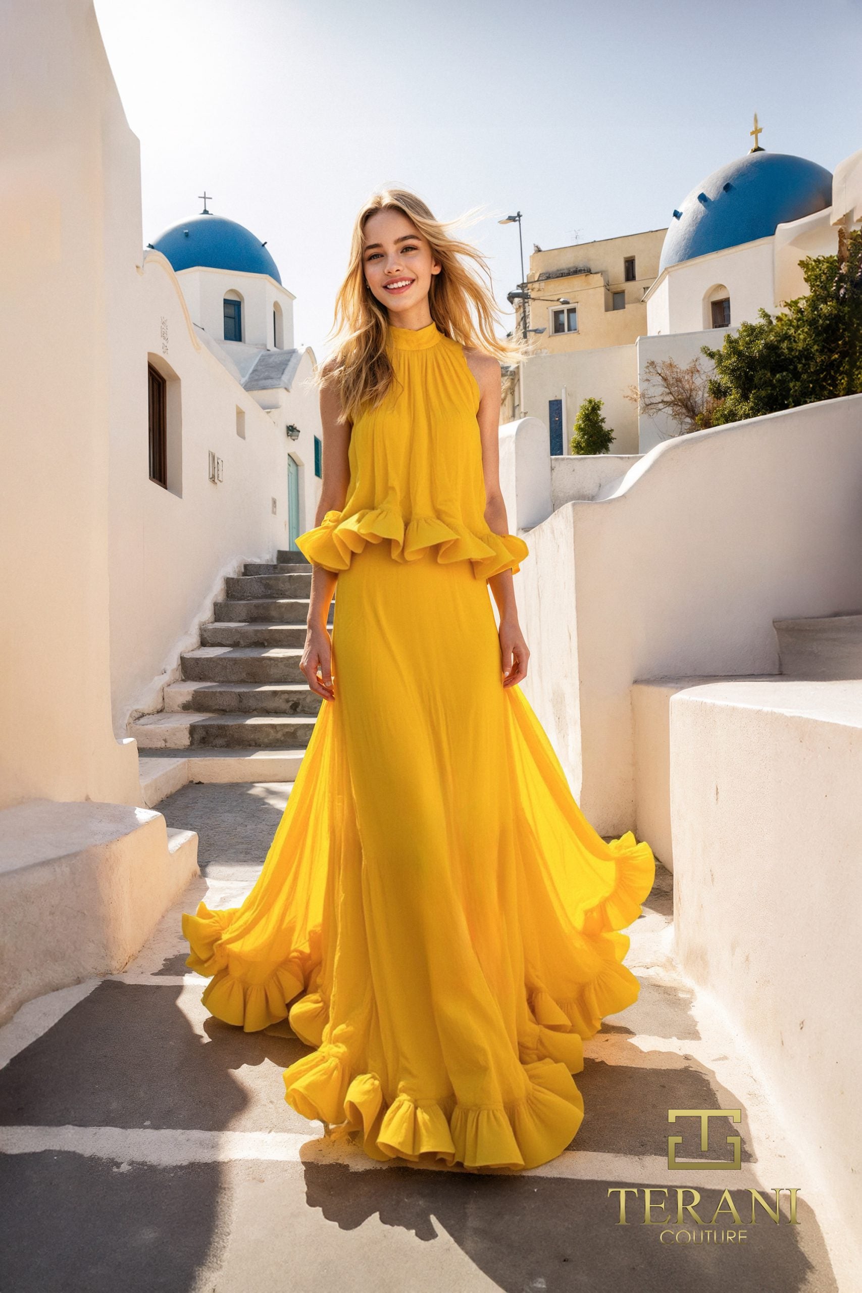 Terani Couture Chiffon Halter Neck Peplum Ruffle Long Gown, Womens, 2, Yellow