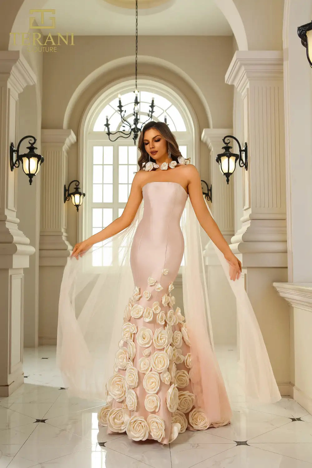 Black Ivory Terani Couture 251GL4184 Long 3D Floral Applique