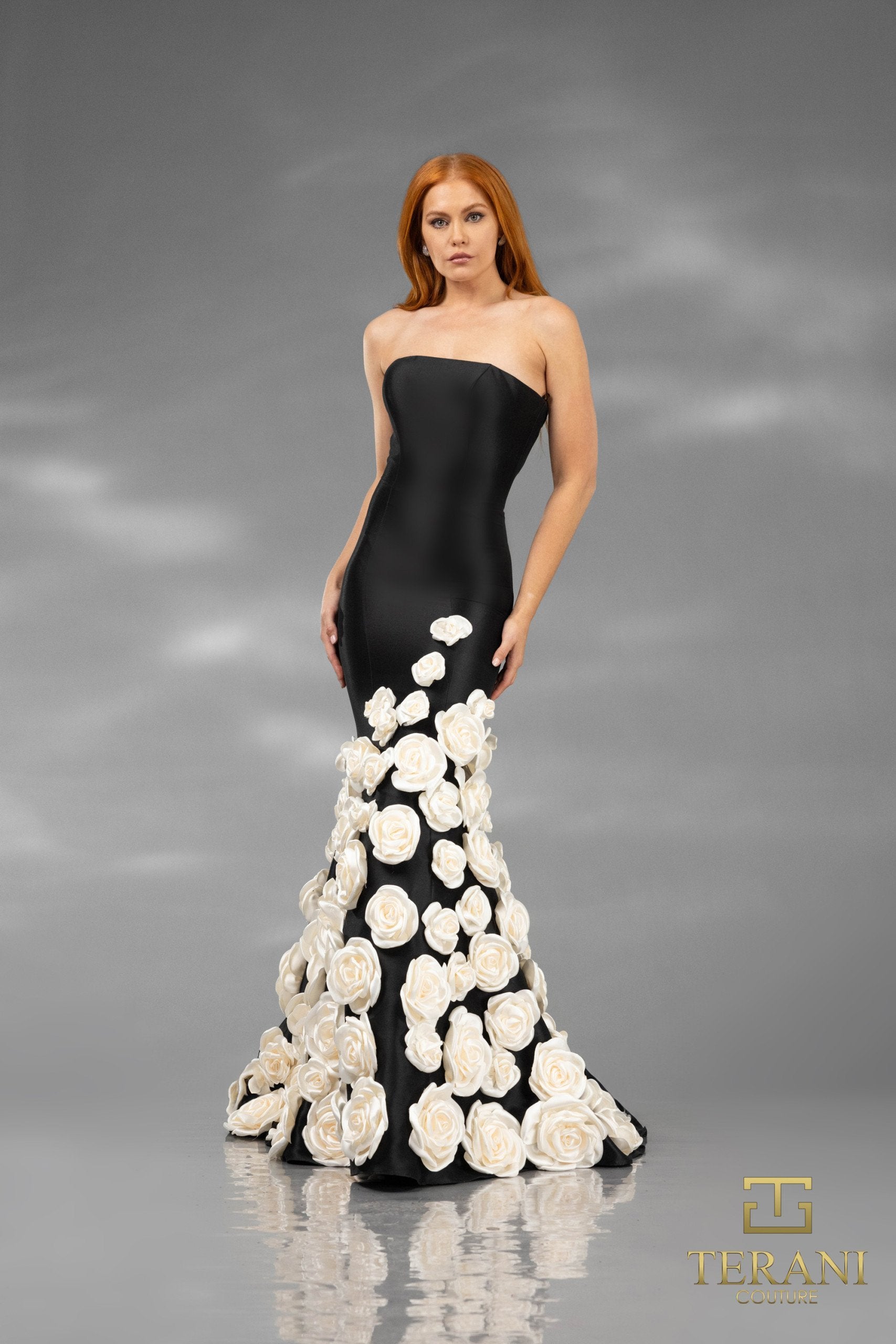 Terani 251GL4184 Long 3D Floral Applique Detachable Cape Mermaid Strapless Formal Dress - Blush Ivory / 14 Terani 251GL4184 Long 3D Floral Applique Detachable Cape Mermaid Strapless Formal Dress - Blush Ivory / 14