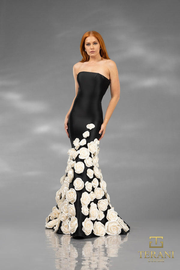 Terani 251GL4184 Long 3D Floral Applique Detachable Cape Mermaid Strapless Formal Dress