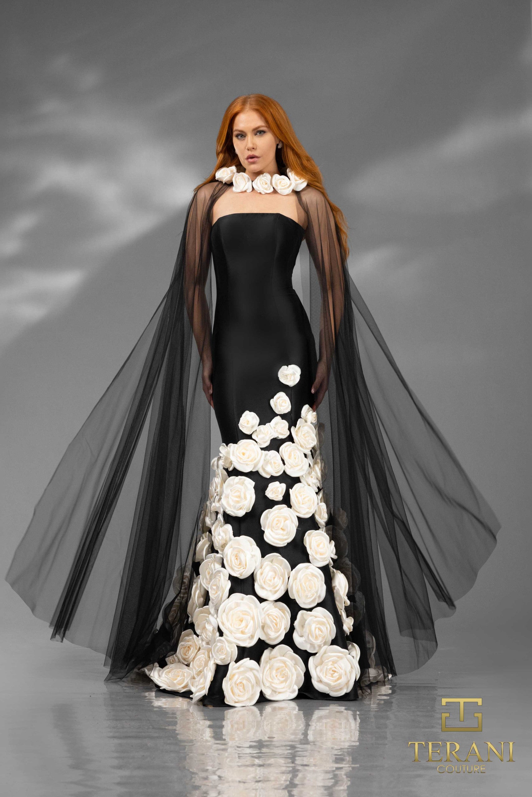 Terani Couture 251GL4184 Long 3D Floral Applique Detachable Cape Formal Dress