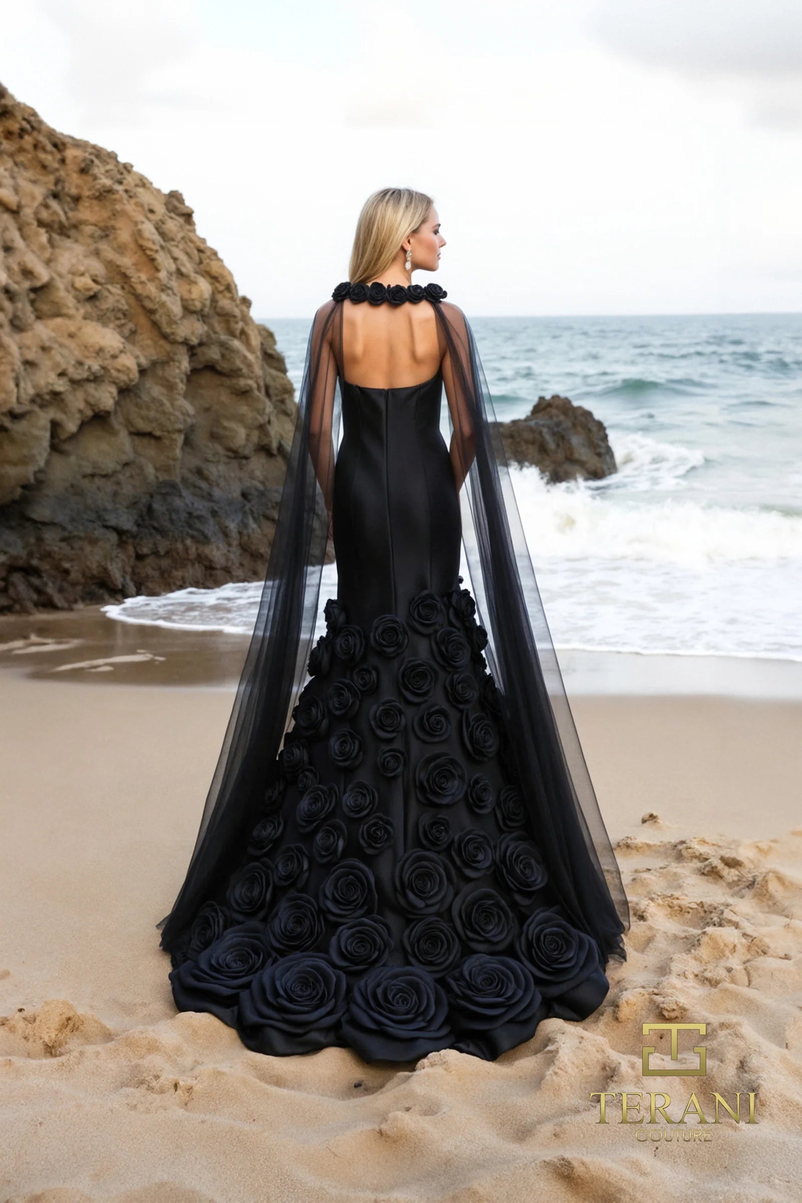 Formal Dresses Long 3D Floral Applique Detachable Cape Formal Dress Black