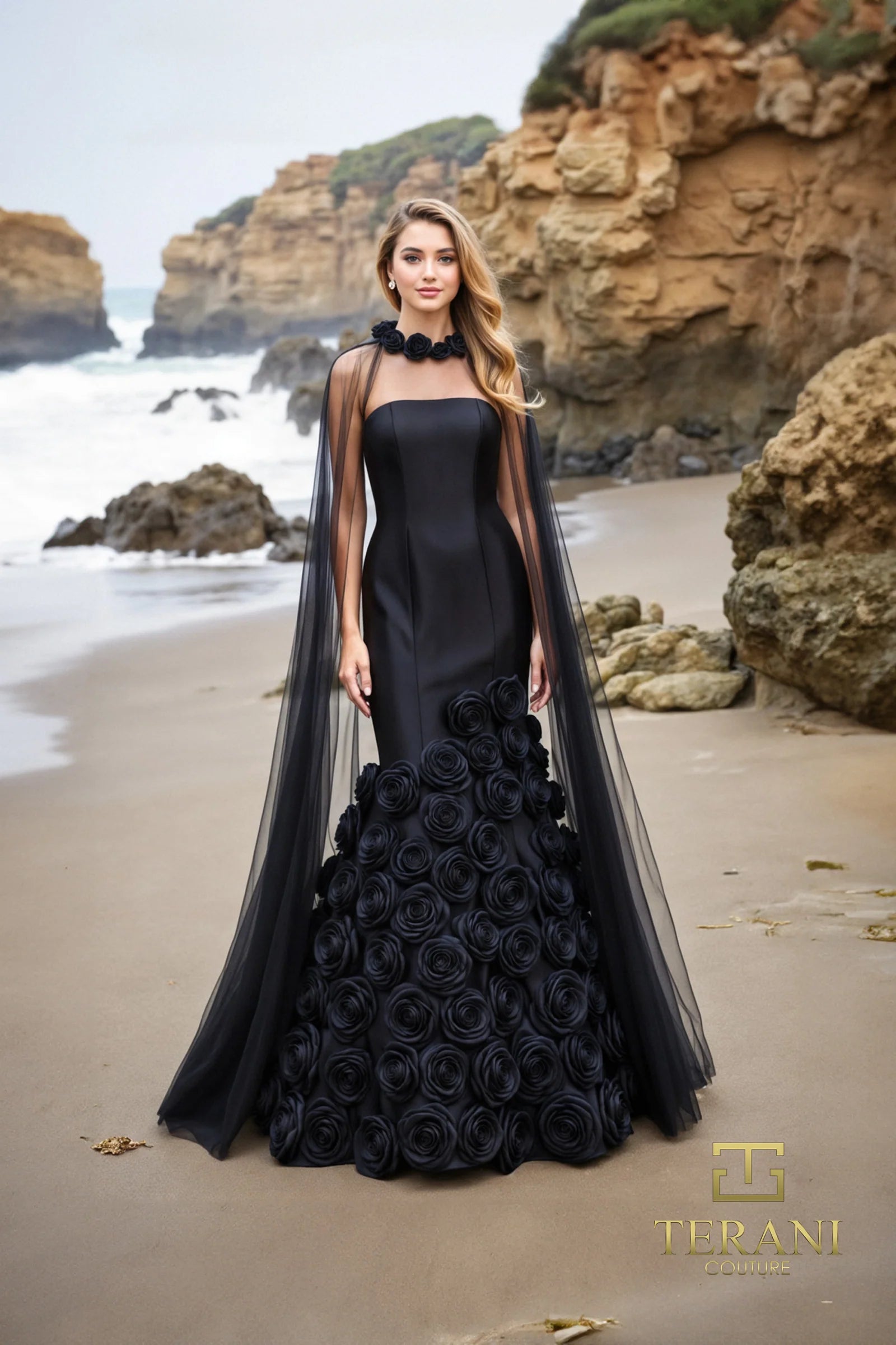 Formal Dresses Long 3D Floral Applique Detachable Cape Formal Dress Black