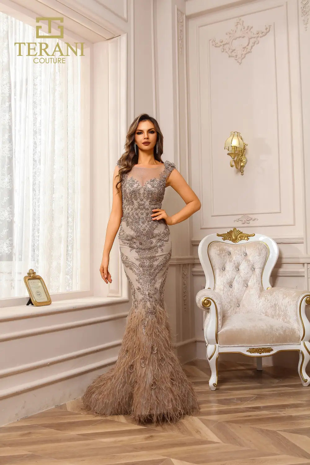Prom Dresses Beaded Lace Long Formal Prom Dress Mocha