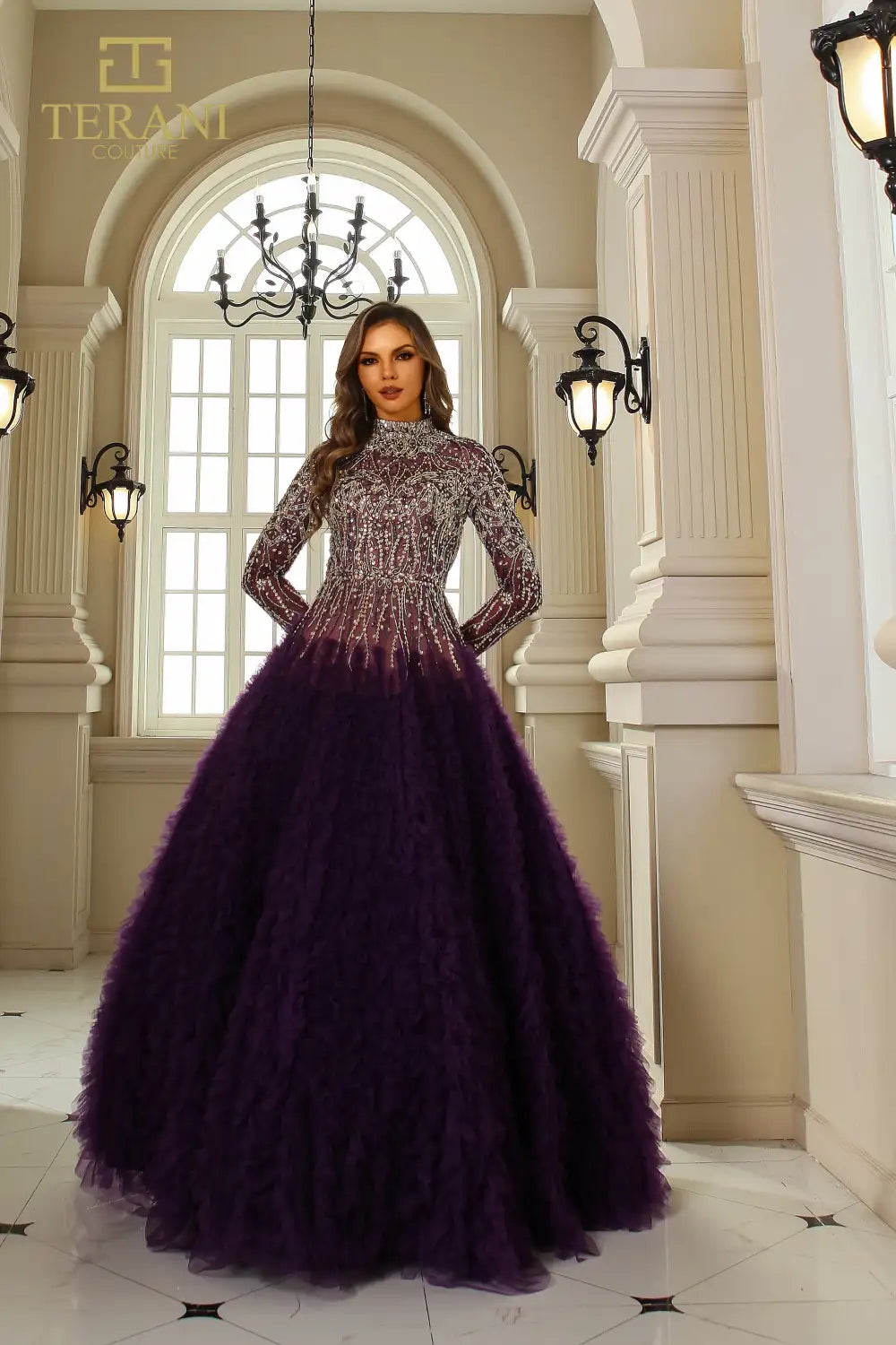 Formal Dresses Beaded Formal Long Sleeve Ruffled Ball Gown Amethyst Nude