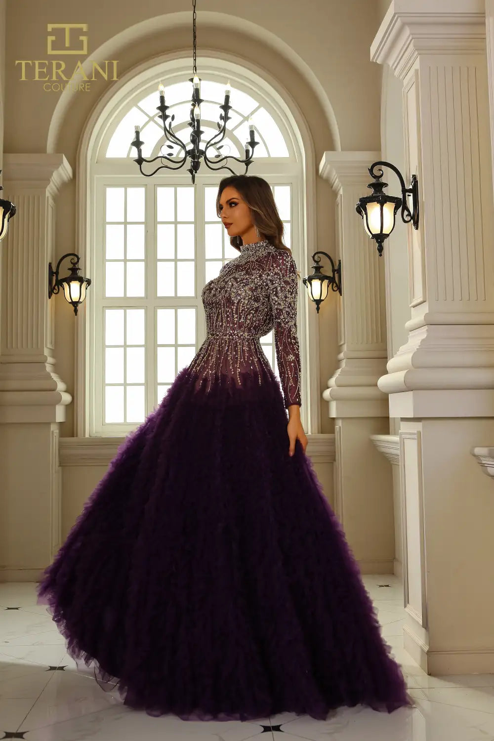 Formal Dresses Beaded Formal Long Sleeve Ruffled Ball Gown Amethyst Nude