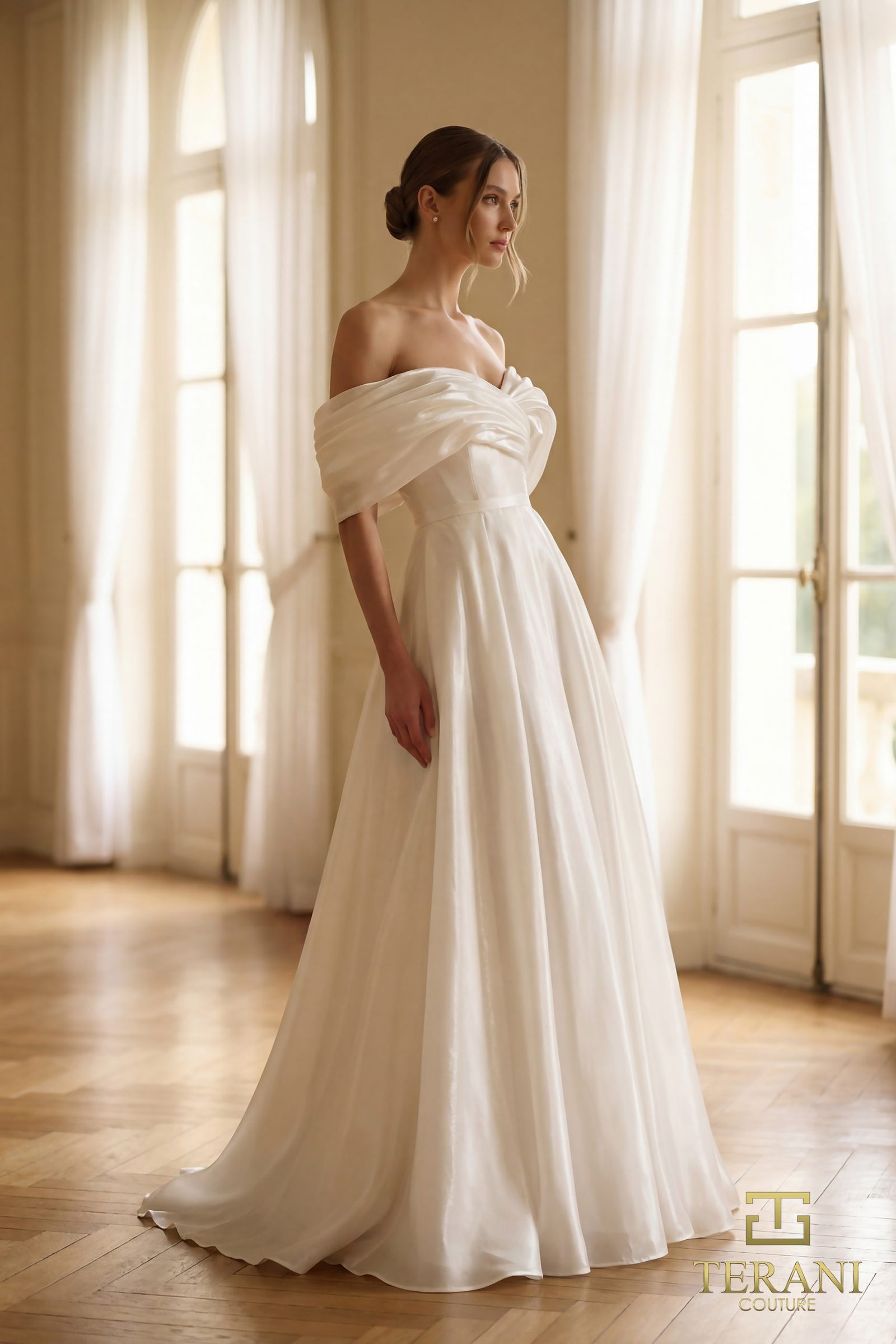 Off-the-Shoulder Floor-Length Satin Wedding Dress Terani Couture 251M4044