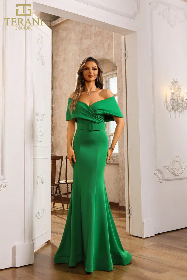 terani couture green dress Terani Couture 252E5546 Long Fitted Formal Peplum Evening Dress
