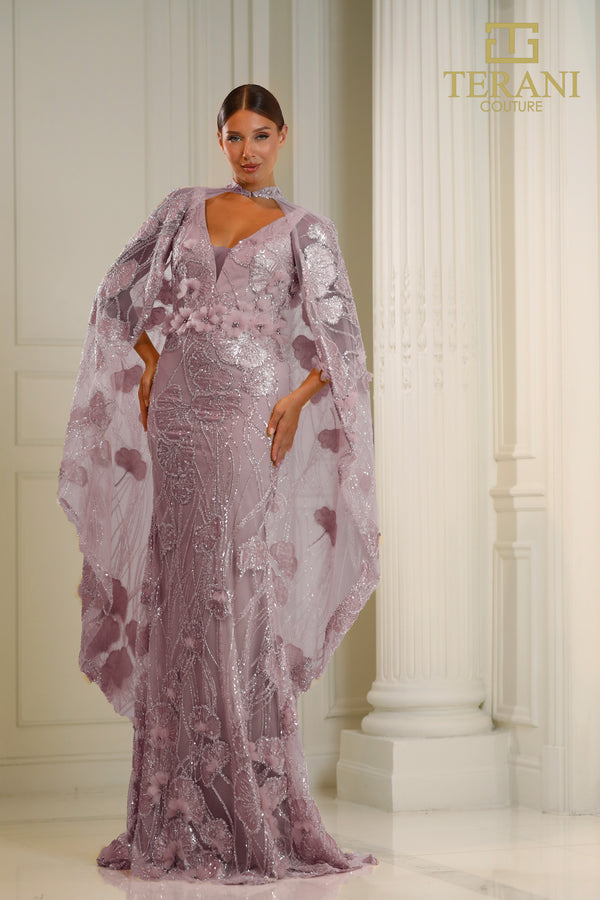 Terani Couture 251M4326 Fitted Long Formal Beaded 3D Floral Cape Evening Dress