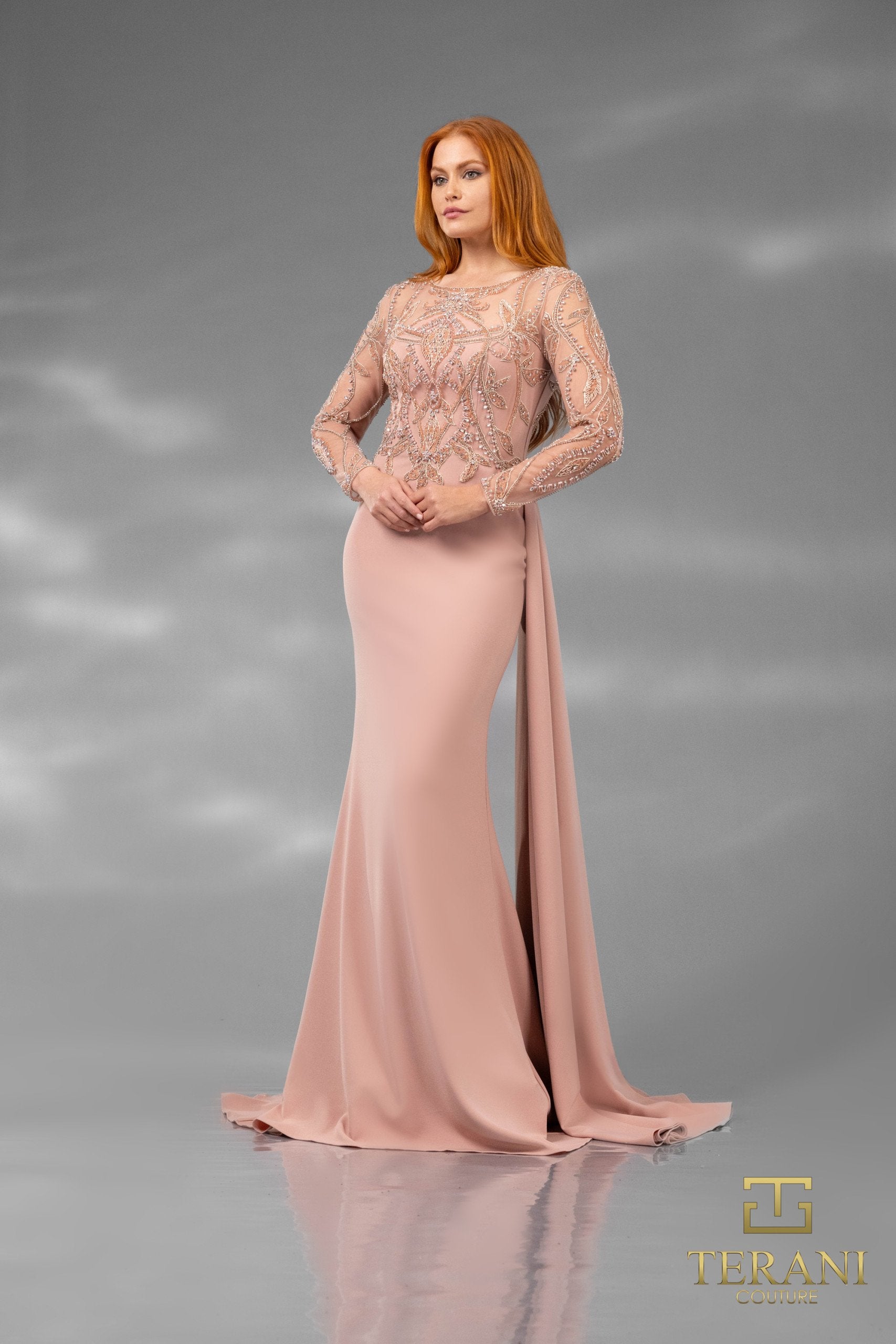 Formal Dresses Long Sleeve Formal Beaded Applique Evening Dress Blush