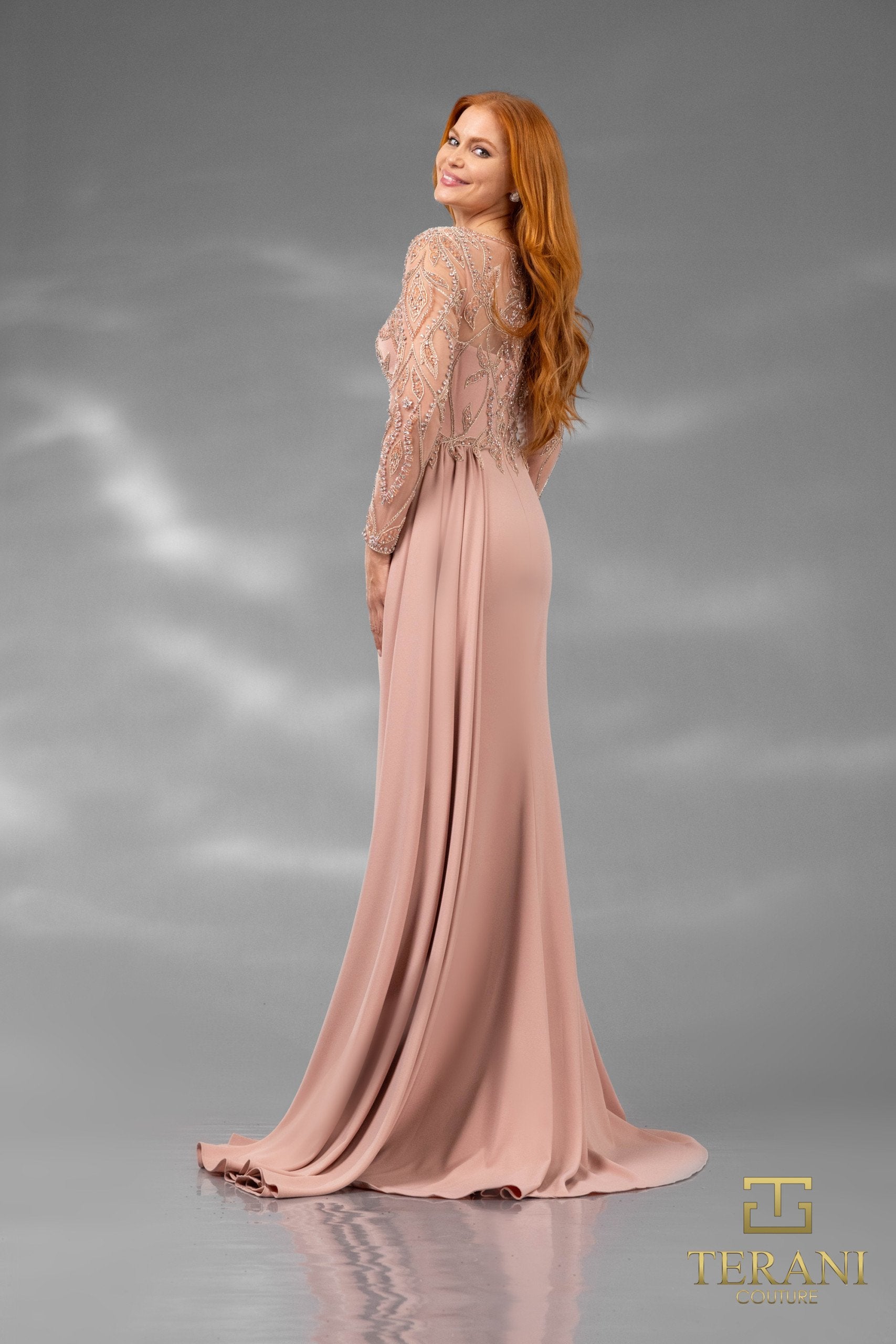 Formal Dresses Long Sleeve Formal Beaded Applique Evening Dress Blush