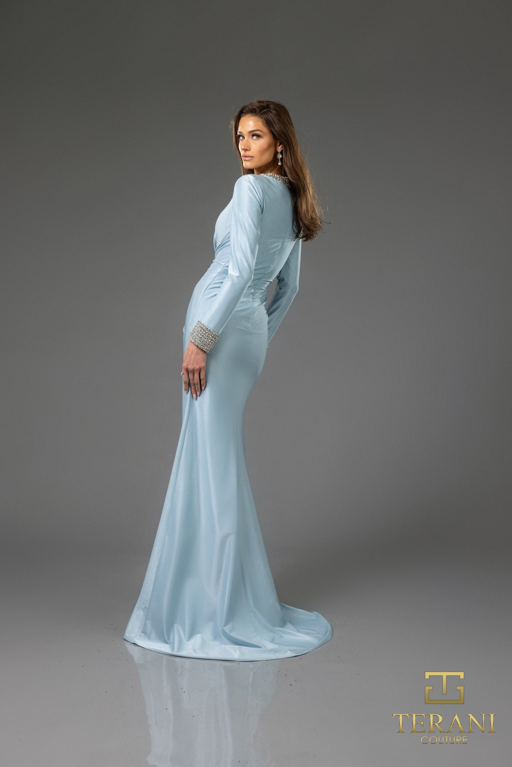 Mother of the Bride Dresses Long Sleeve Formal Metallic Evening Dress  Powder Blue