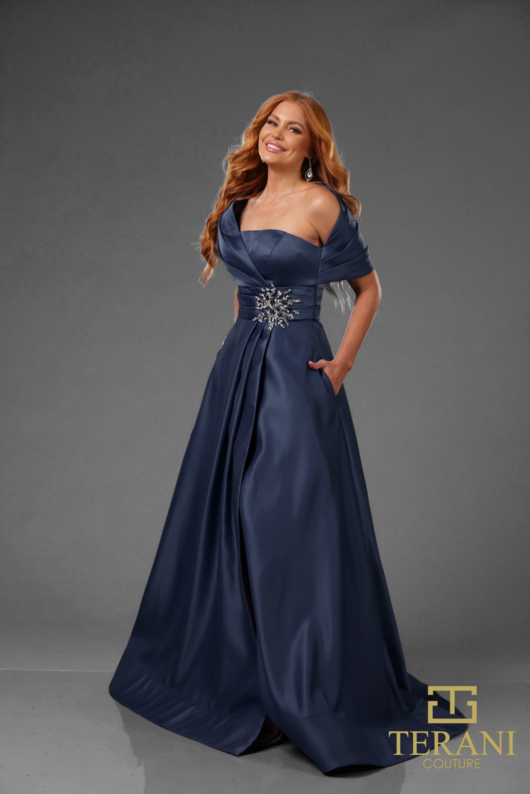 Formal Dresses Pleated Long Formal Beaded Evening Dress Navy