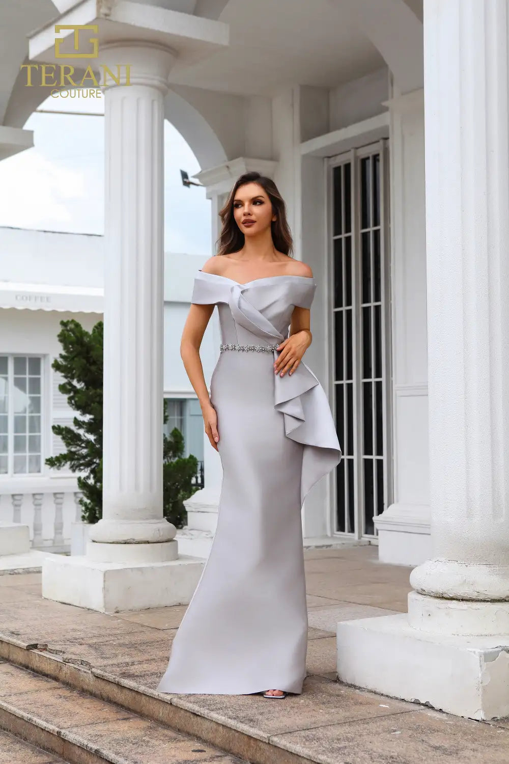Taupe Silver Terani Couture 251M4452 Long Evening Gown Fitted Formal