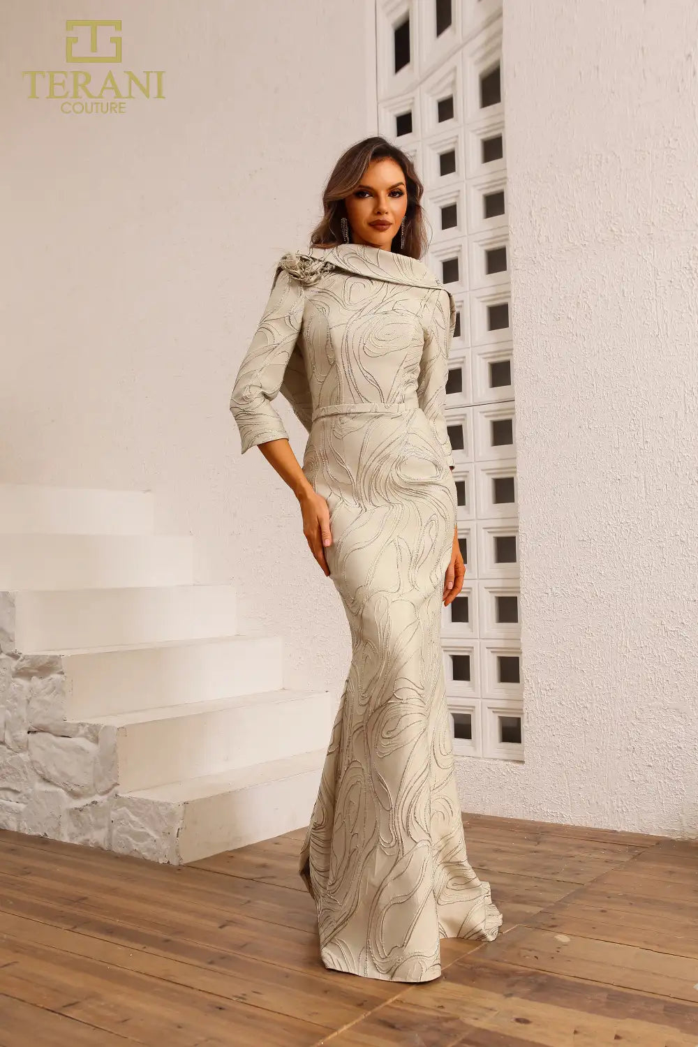Terani Couture 251M4455 Long Fitted 3D Floral Evening Formal Dress
