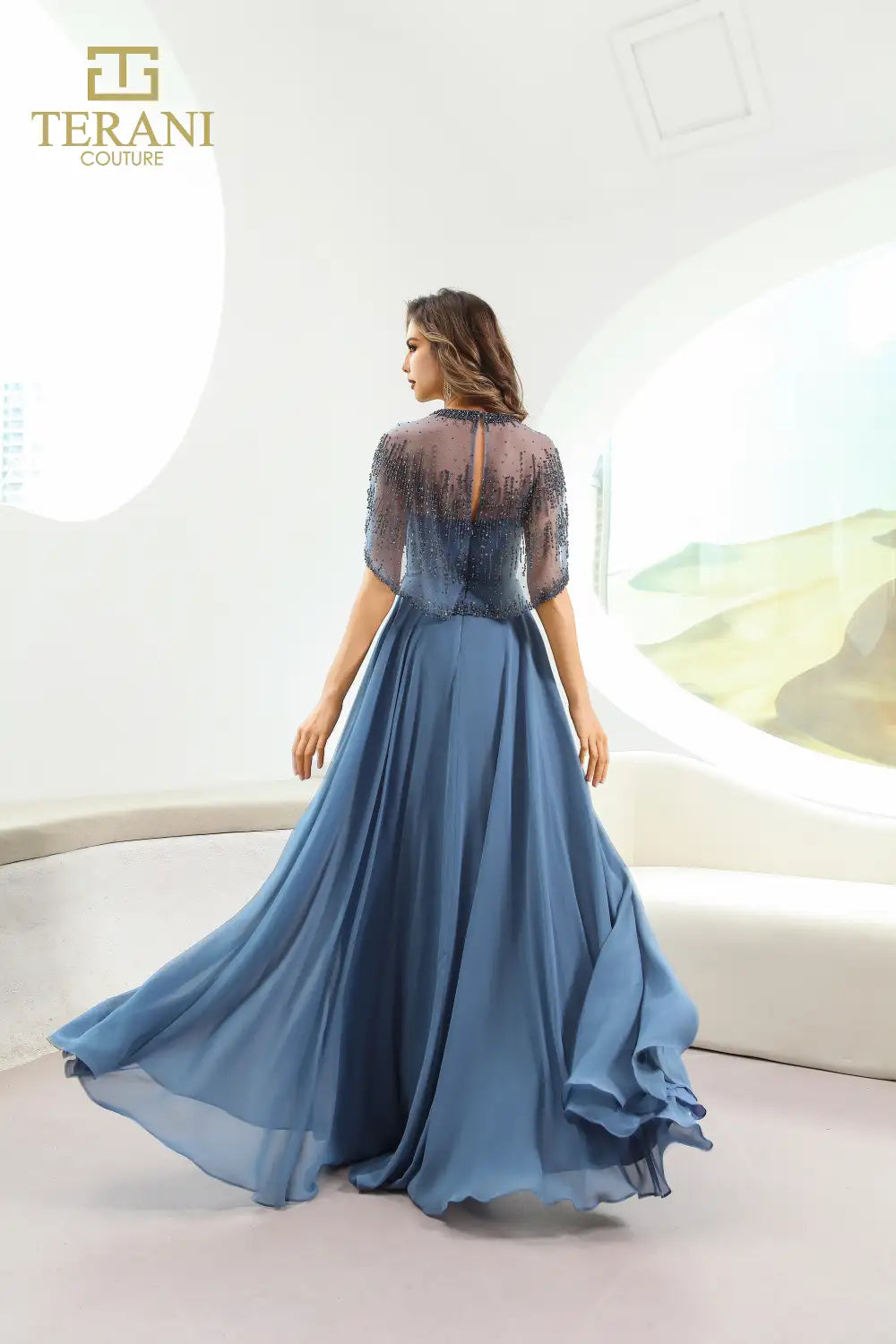 Terani Couture 251M4563 Pleated Long Formal Cape Sleeve Evening Dress