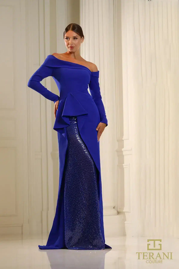 Terani Couture 251M4610 Long Fitted Formal Sequin Peplum Evening Dress