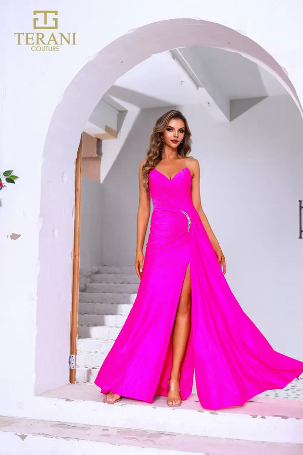 Terani Couture 251P4055 Bead Slit Long Formal Metallic Prom Dress