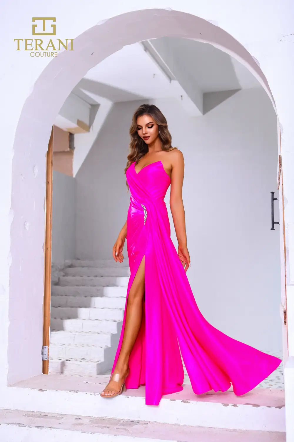 Prom Dresses Bead Slit Long Formal Metallic Prom Dress Neon Pink