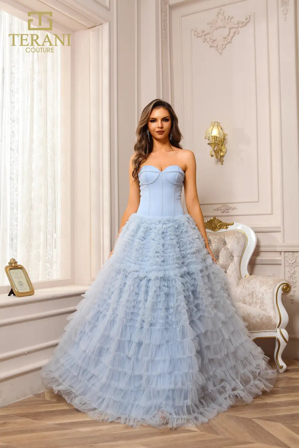 Prom Dresses Ruffle Evening Long Formal Prom Dress Light Blue