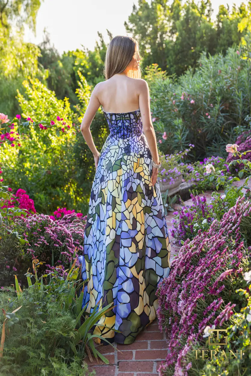 Prom Dresses Long Ball Gown Printed Formal Prom Dress Blue Multi