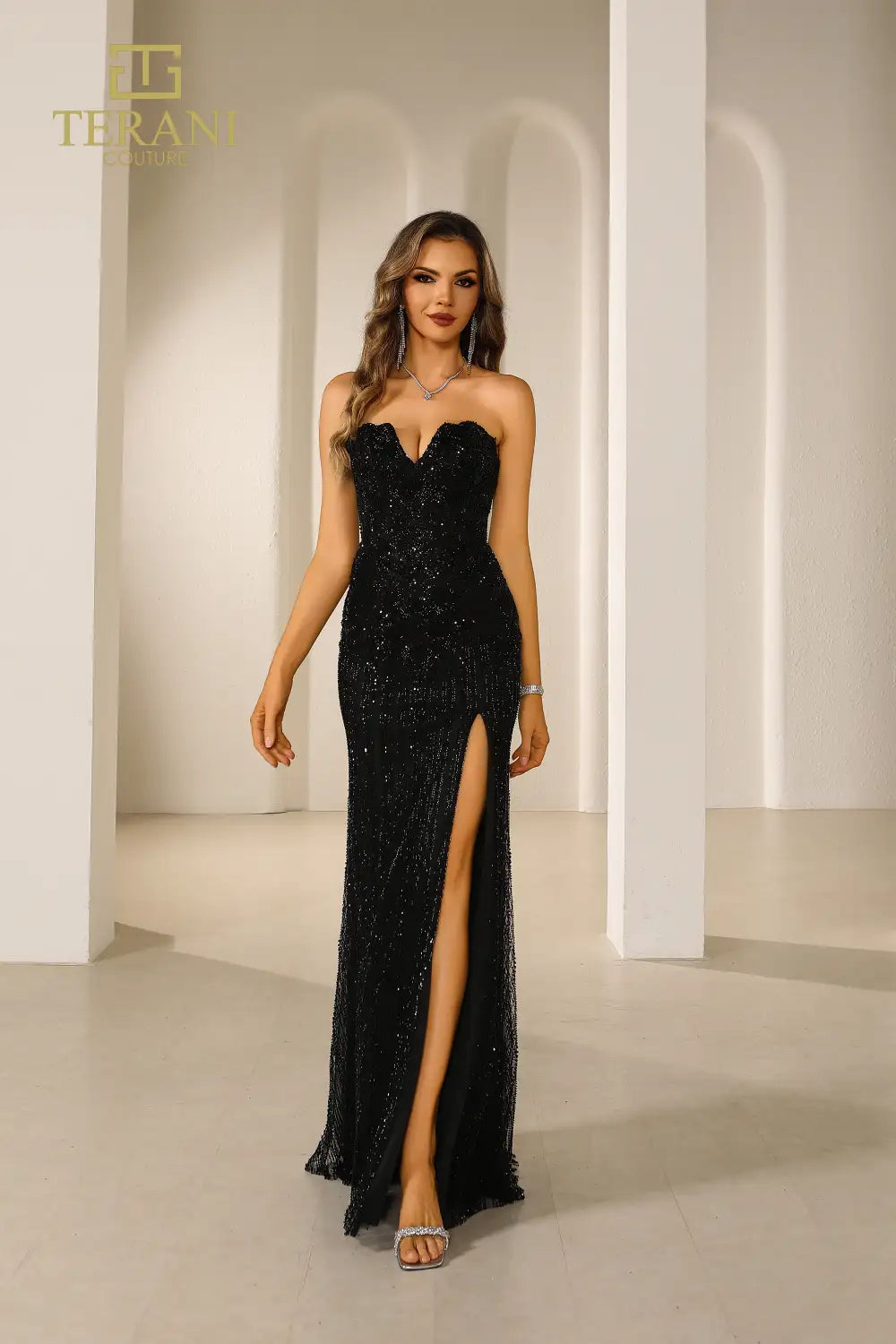 Prom Dresses Beaded Slit Long Formal Prom Dress Black/Black