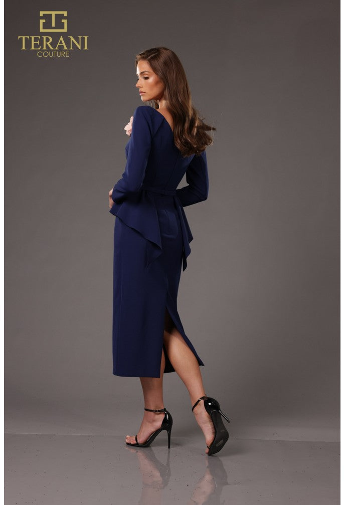 Terani Couture 251C4638 Long Sleeve Ruffled Peplum Cocktail Tea Length Dress