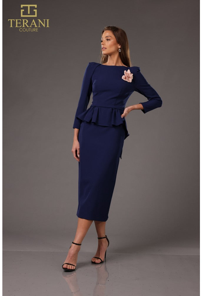 Terani Couture 251C4638 Long Sleeve Ruffled Peplum Cocktail Tea Length Dress