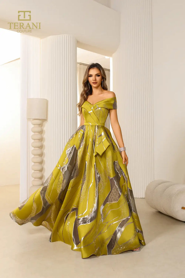 Terani Couture 251E4208 Pleated Long A Line Formal Peplum Evening Dress