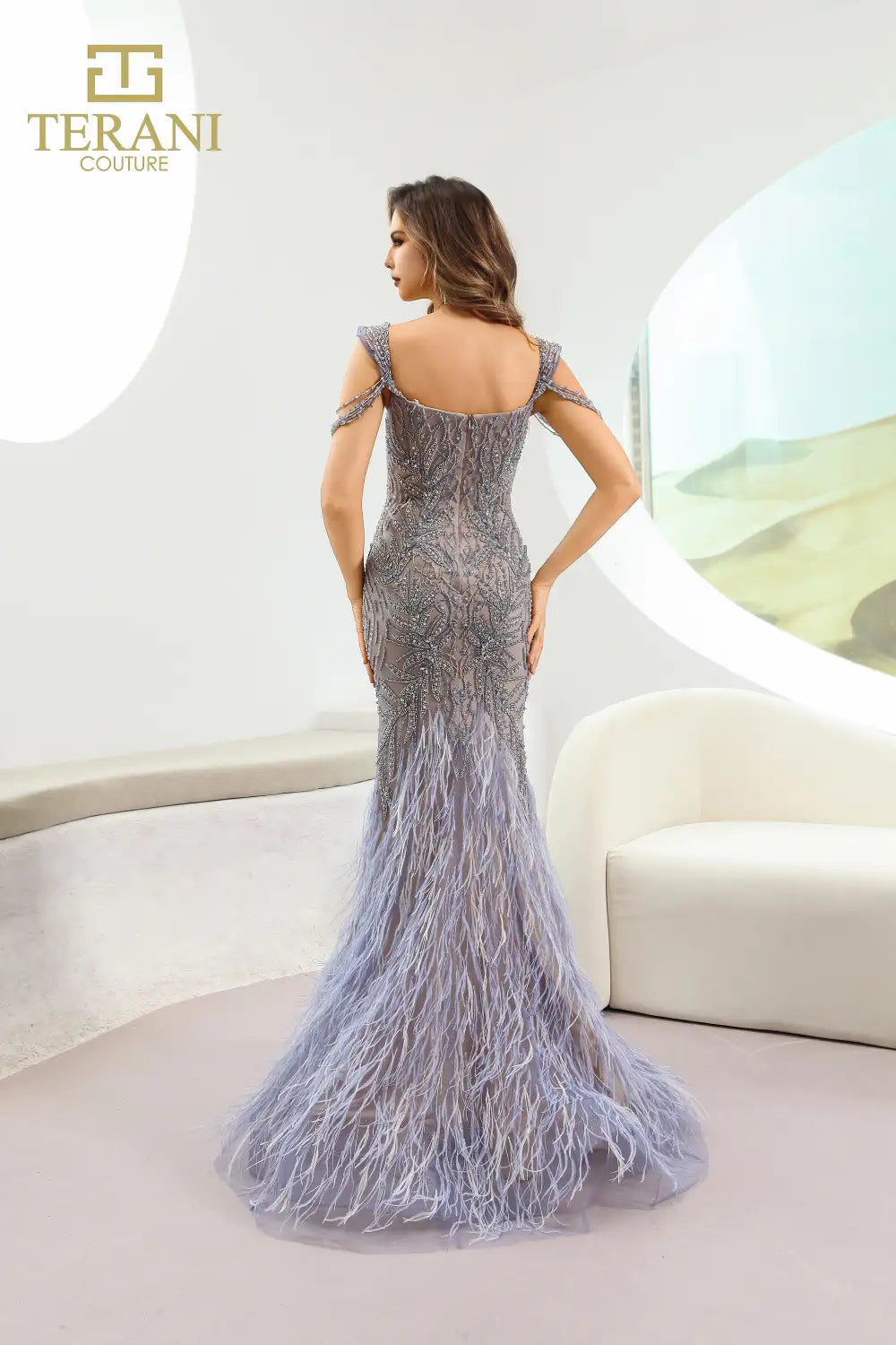 Terani Couture 251GL4197 Beaded Long Formal Feather Evening Dress