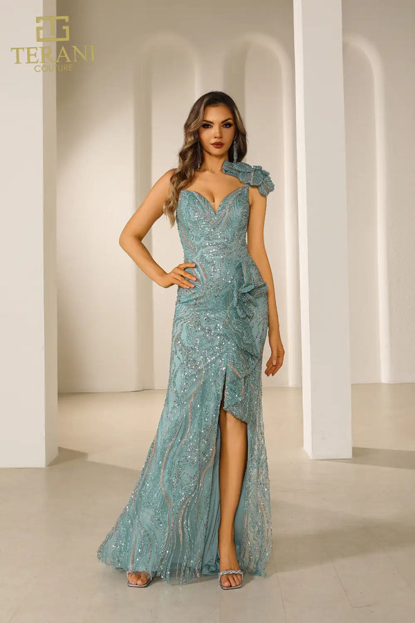 Terani Couture 251GL4354 Beaded Long  Formal Fitted Prom Dress