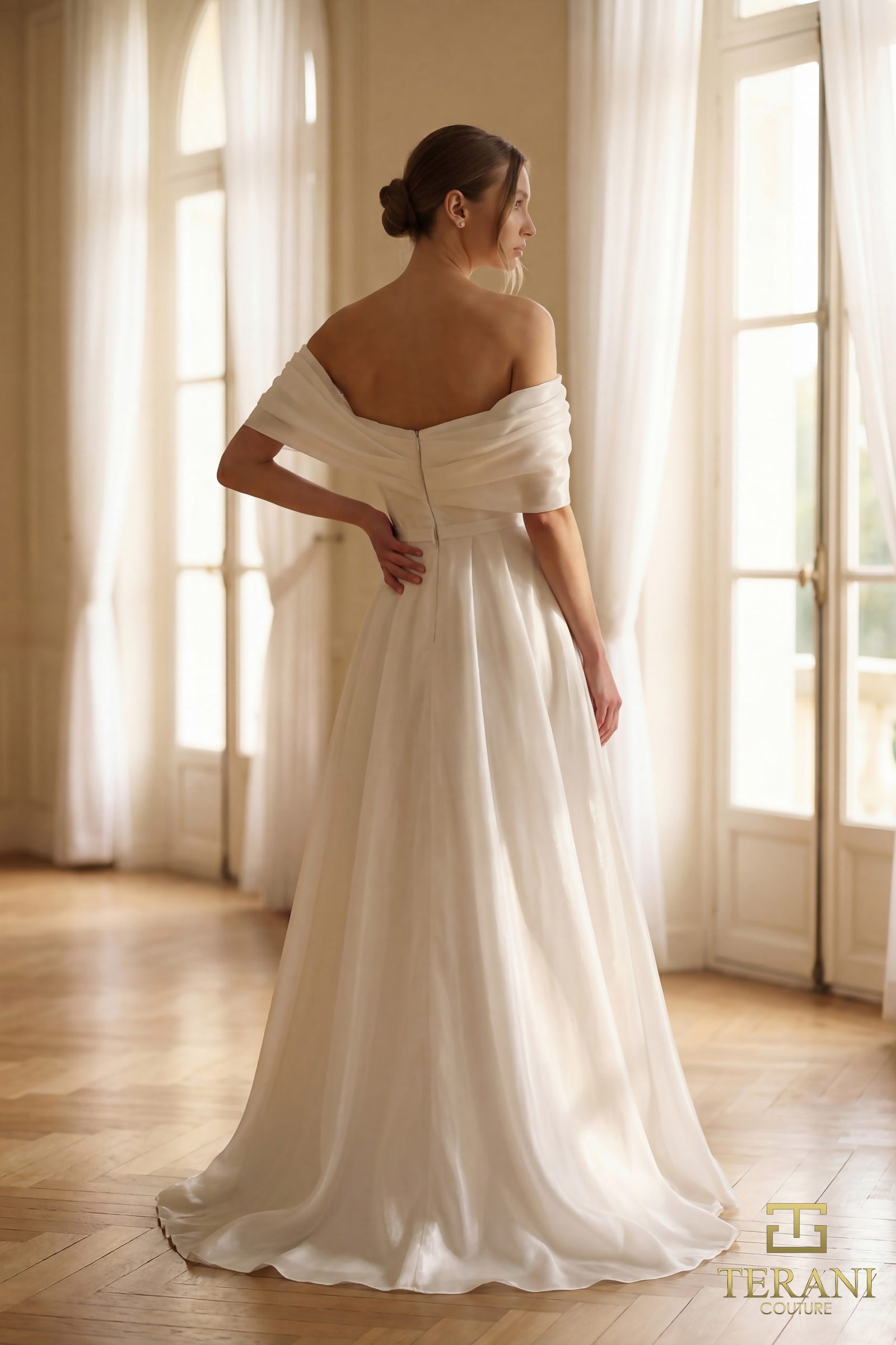 Off-the-Shoulder Floor-Length Satin Wedding Dress Terani Couture 251M4044