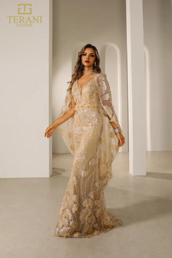 Terani Couture 251M4326 Fitted Long Formal Beaded 3D Floral Cape