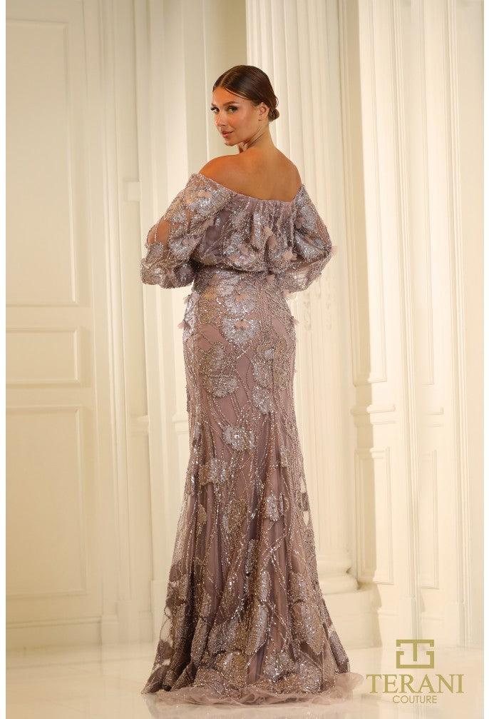 Terani Couture 251M4414 Long Formal Beaded Puff Sleeve Evening Dress