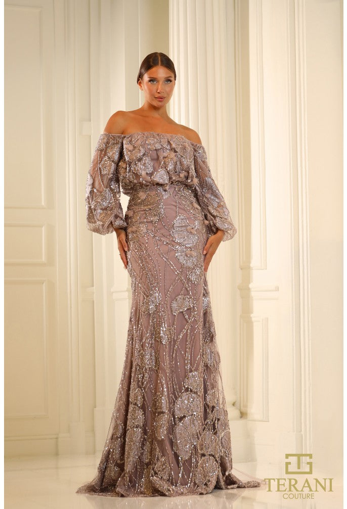 Terani Couture 251M4414 Long Formal Beaded Puff Sleeve Evening Dress