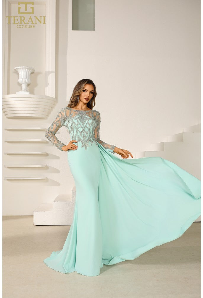 Terani Couture 251M4420 Long Sleeve Formal Beaded Applique Evening Dress