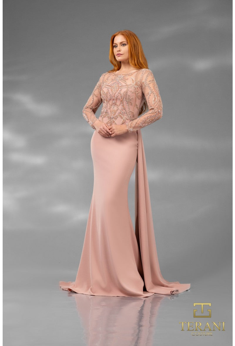 Terani Couture 251M4420 Long Sleeve Formal Beaded Applique Evening Dress