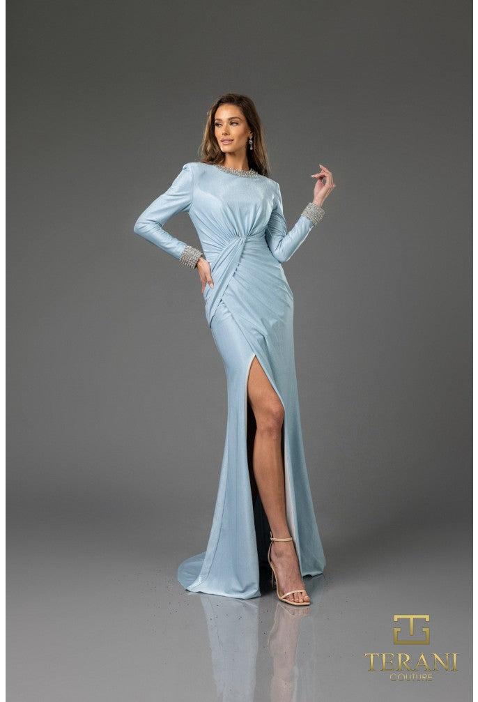 Terani Couture 251M4433 Long Sleeve Formal Metallic Evening Dress
