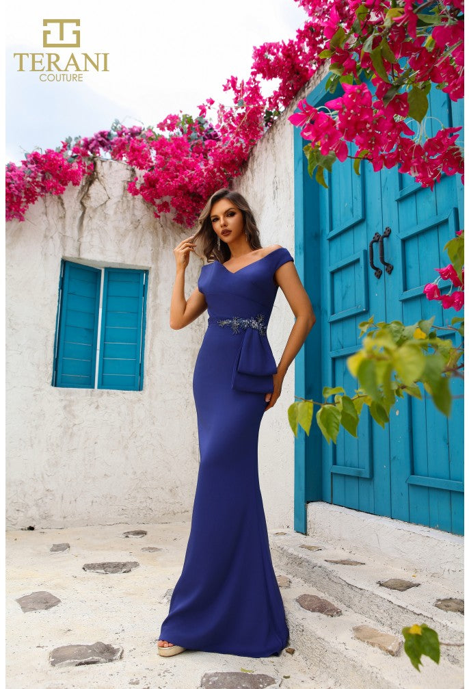 Terani Couture 251M4440 Long Beaded Applique Formal Peplum Evening Dress