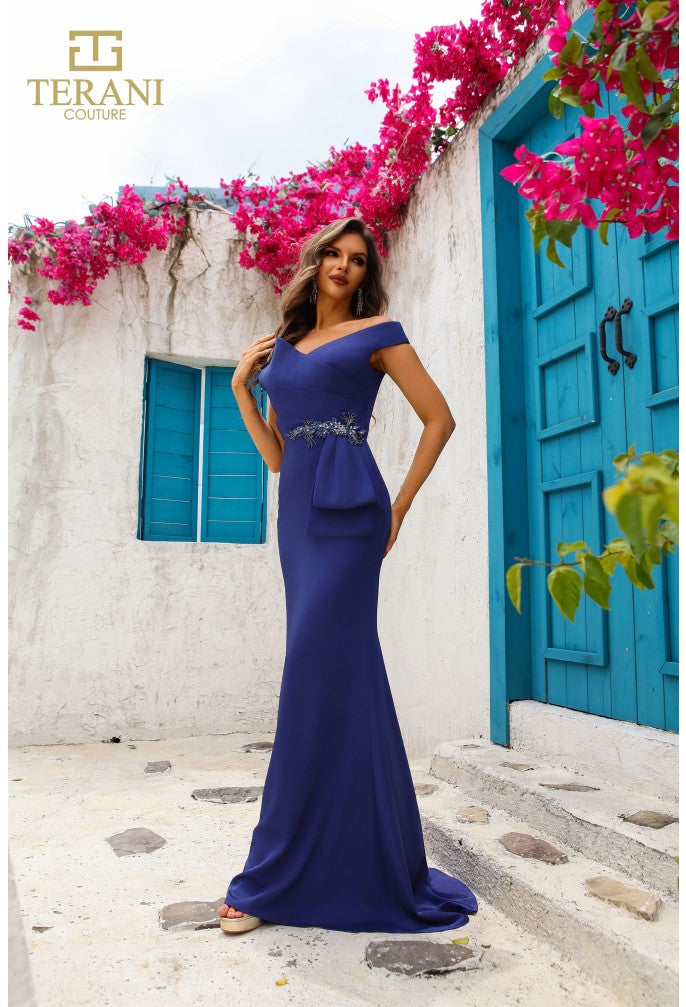 Terani Couture 251M4440 Long Beaded Applique Formal Peplum Evening Dress