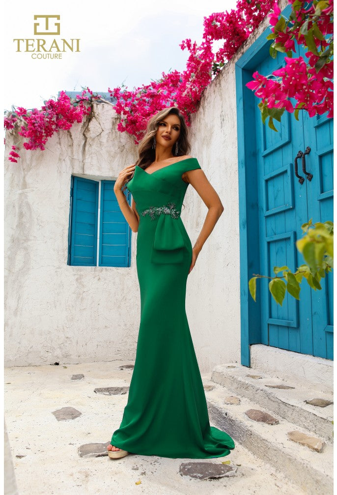 Terani Couture 251M4440 Long Beaded Applique Formal Peplum Evening Dress